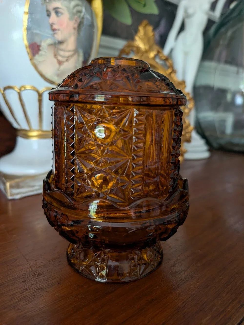Vintage Indiana Glass Dark Amber Fairy Lamp, Stars and Bars, READ